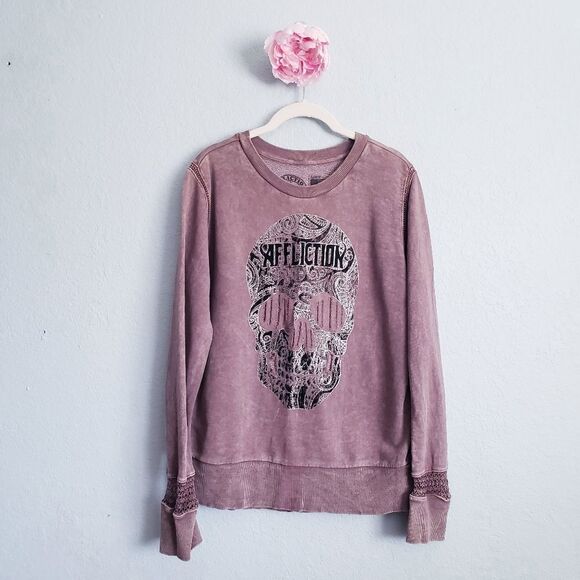 Affliction Washed Brown Distressed Skull Sweatshirt - Picture 1 of 8